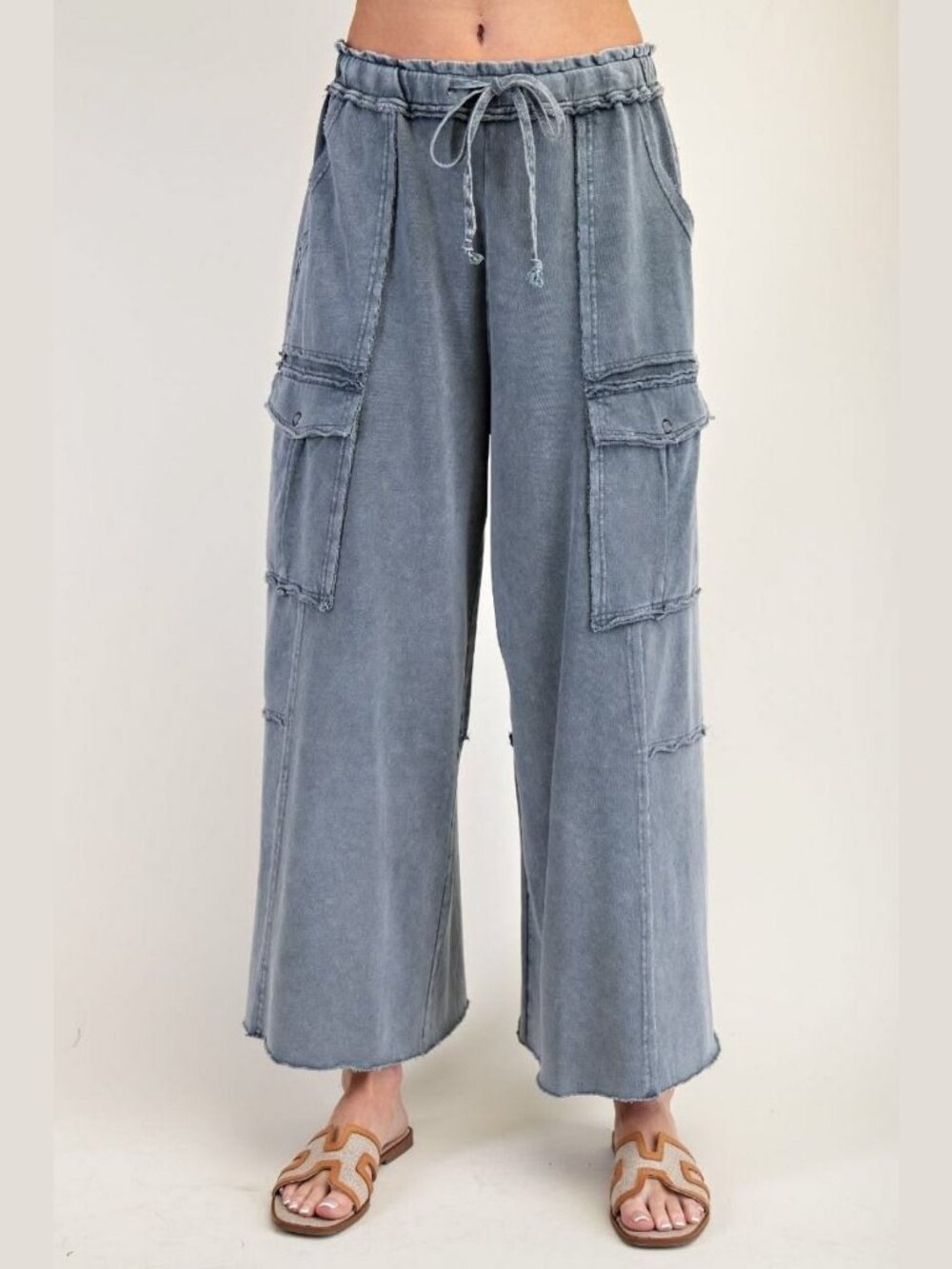 Easel Washed Wide Leg Terry Cargo Pants - Navy Blue - Size Small